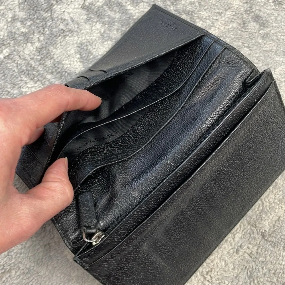 Bvlgari Ribbed Nylon Long Bifold Wallet Black Branded Plaque Designer